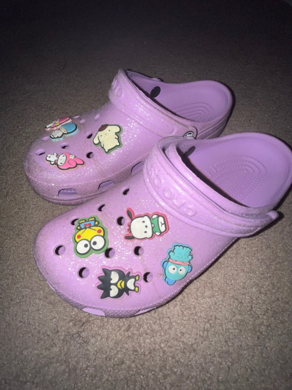 Glitter purple crocs sz 8 w/ Sanrio jibbitz